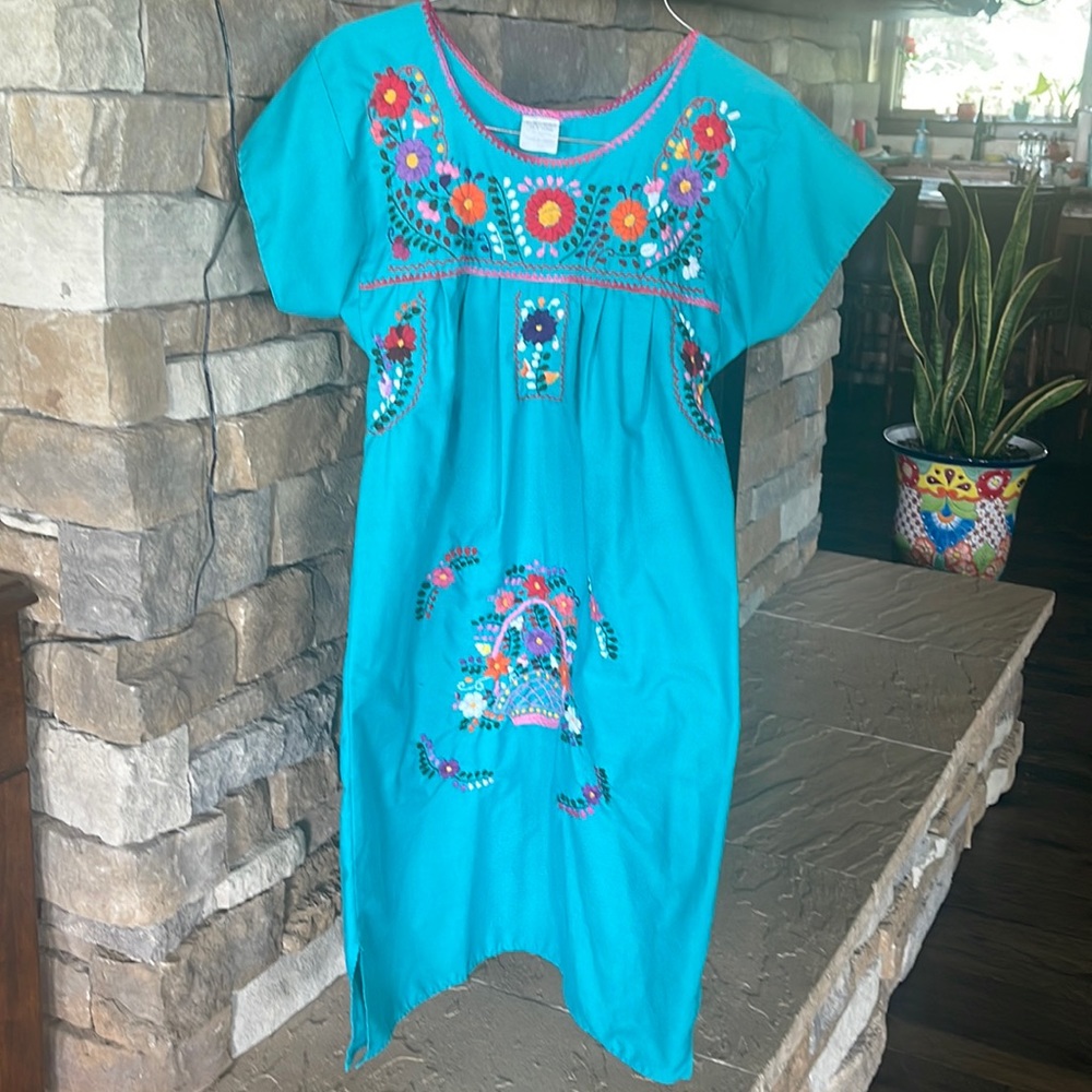 Girls Teal Hand sewn Mexican dress Size 10